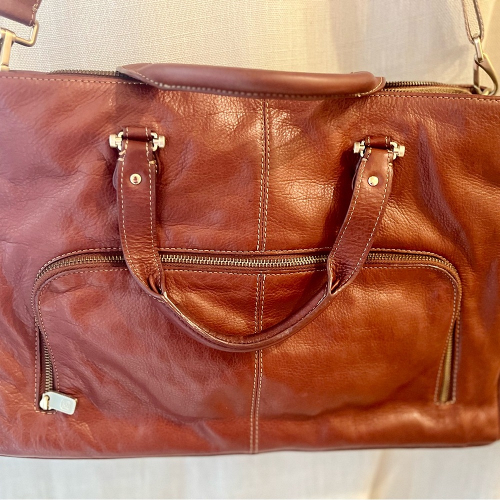 Cognac Genuine Leather Crossbody Satchel | Vintage Style Work Tote - Picture 3 of 12